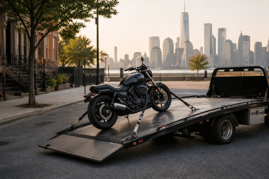 A motorcycle secured on a professional towing platform in New York City