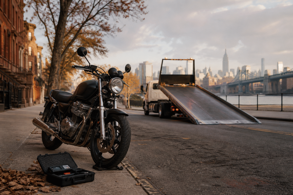 A disabled motorcycle near a professional towing ramp on a New York City street