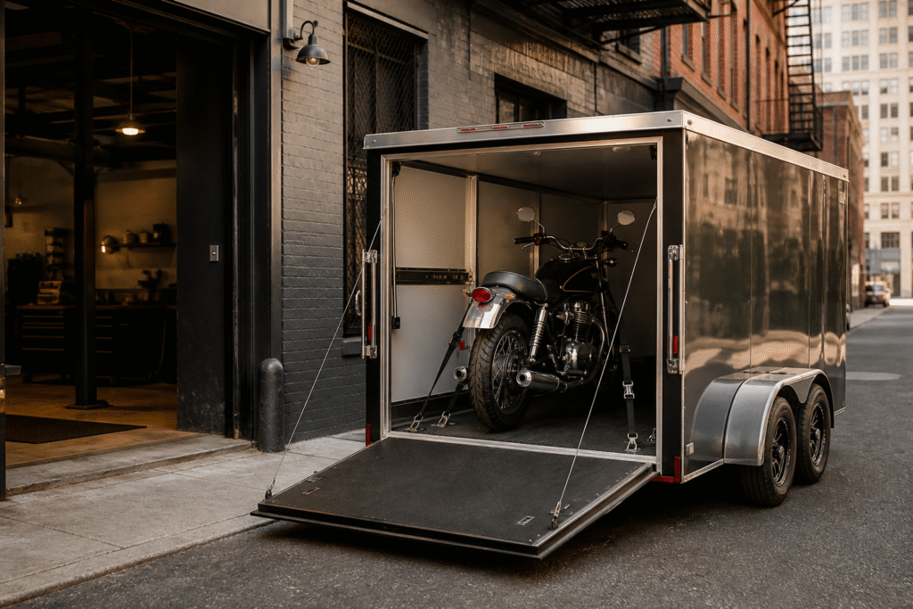 A motorcycle secured inside a clean enclosed transport trailer