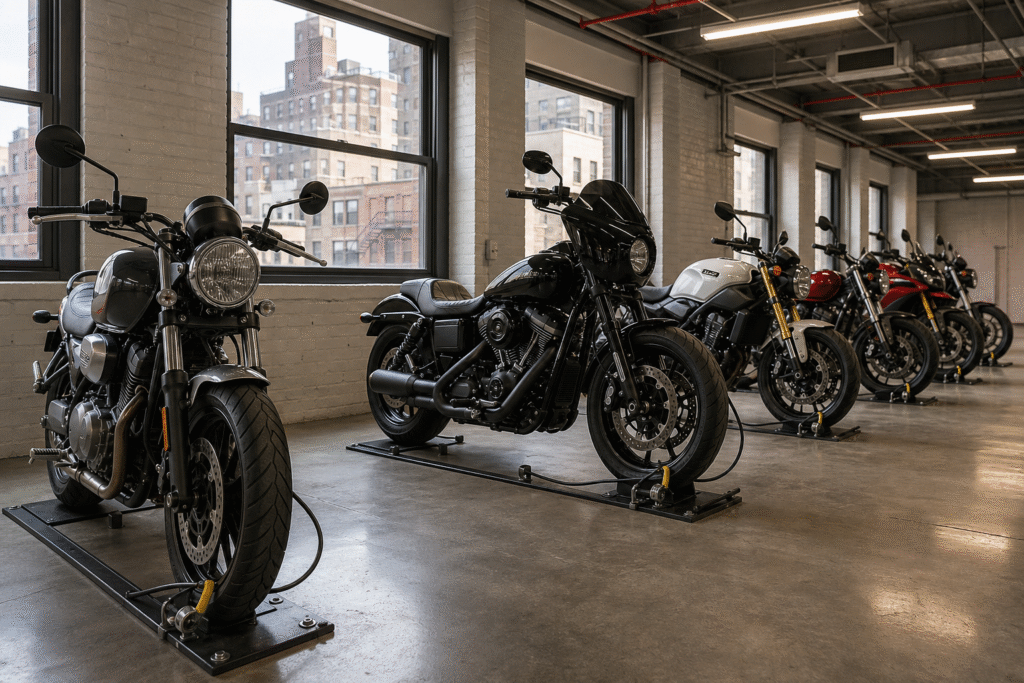 Motorcycles arranged in a secure monthly parking facility in New York City