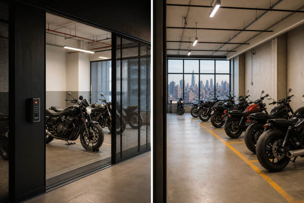 A secure indoor motorcycle parking area with controlled access and clear aisles