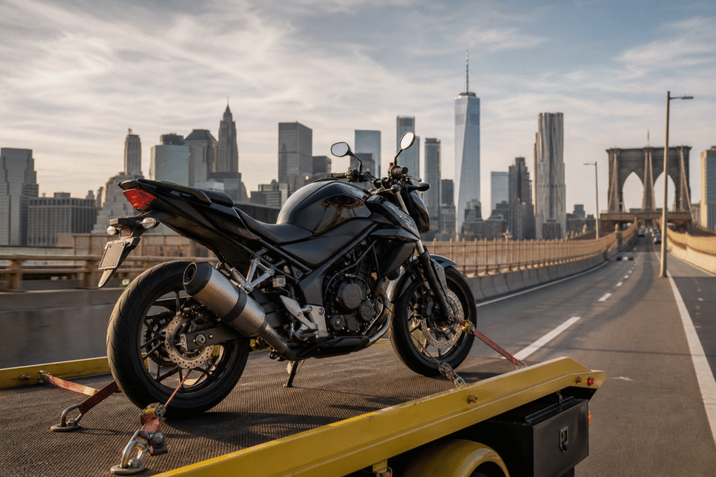 A motorcycle secured on a transport platform near a New York City bridge