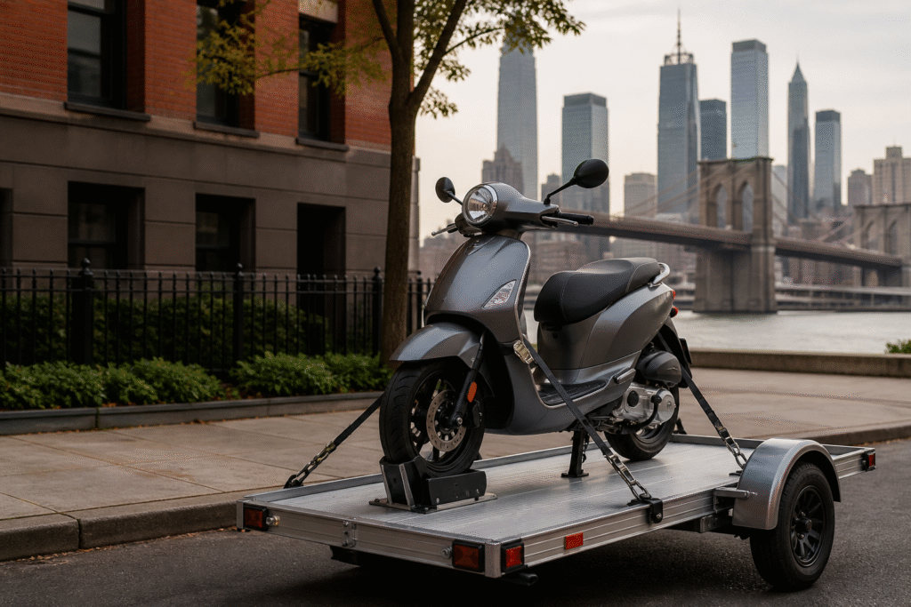 An unbranded scooter secured on a transport platform in New York City