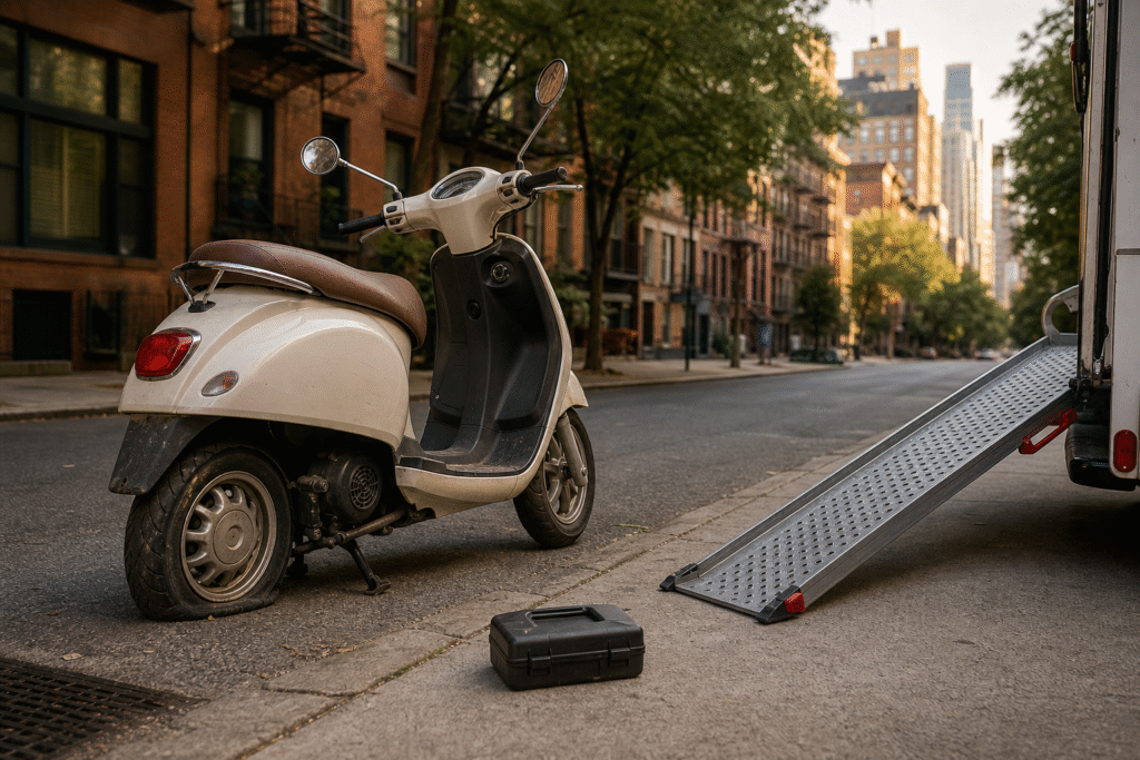 A scooter with a flat tire beside a professional transport ramp