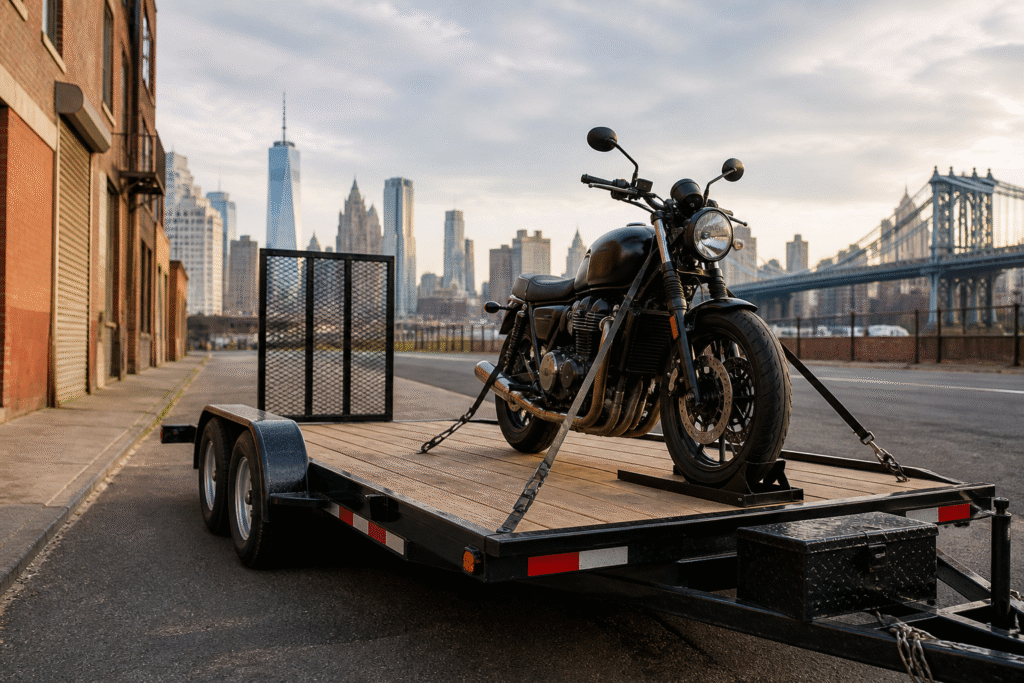 A motorcycle secured with a wheel chock and tie-downs on a transport trailer
