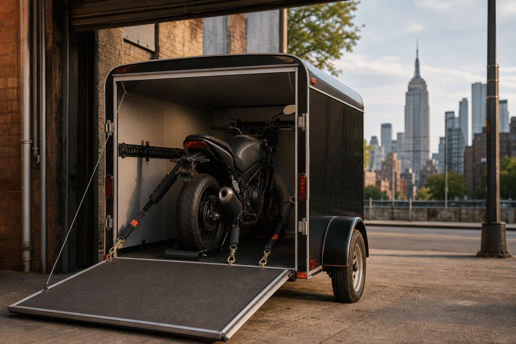 A motorcycle carefully secured inside a clean enclosed transport trailer