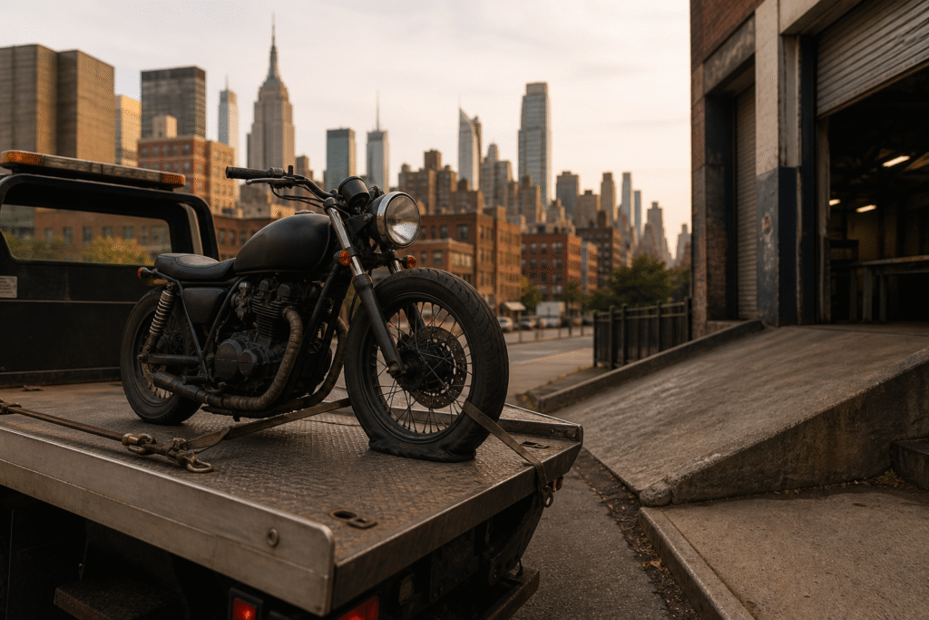 A motorcycle towing setup beside a garage ramp in New York City
