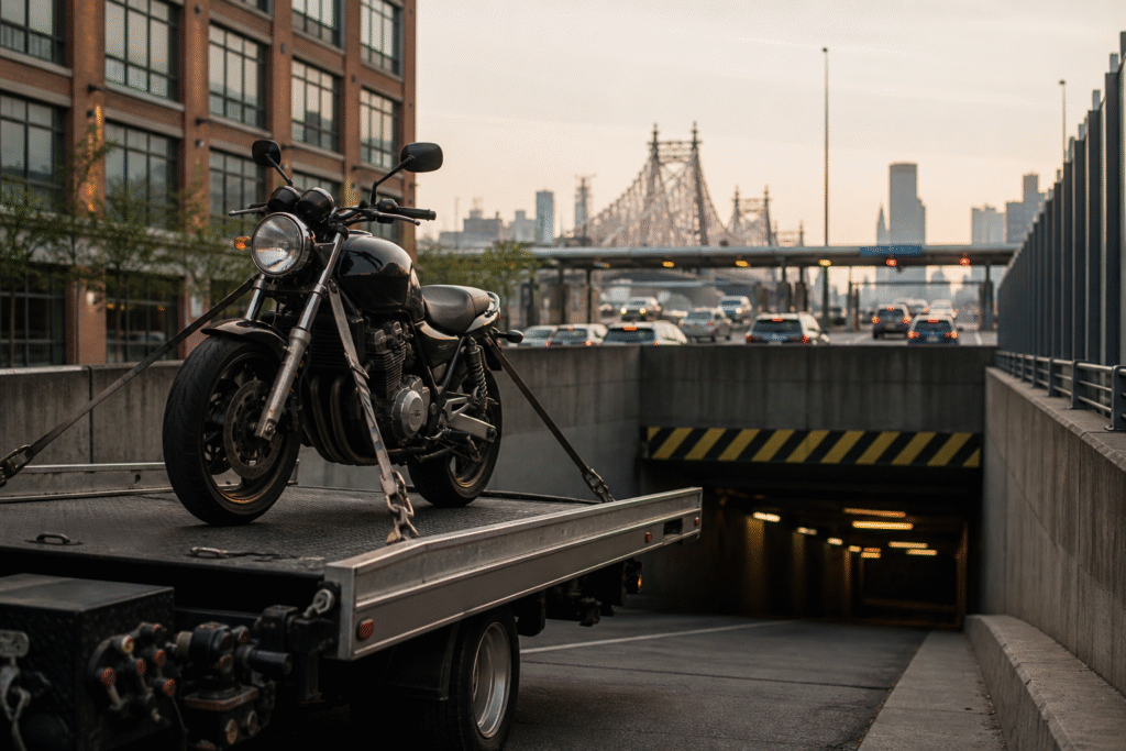 A motorcycle secured on a towing platform near a New York City garage entrance