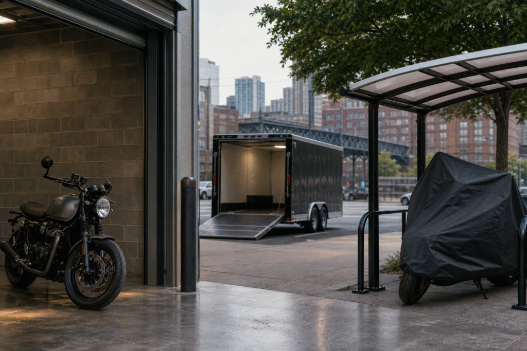 Motorcycle storage, covered parking, and a transport trailer in New York City