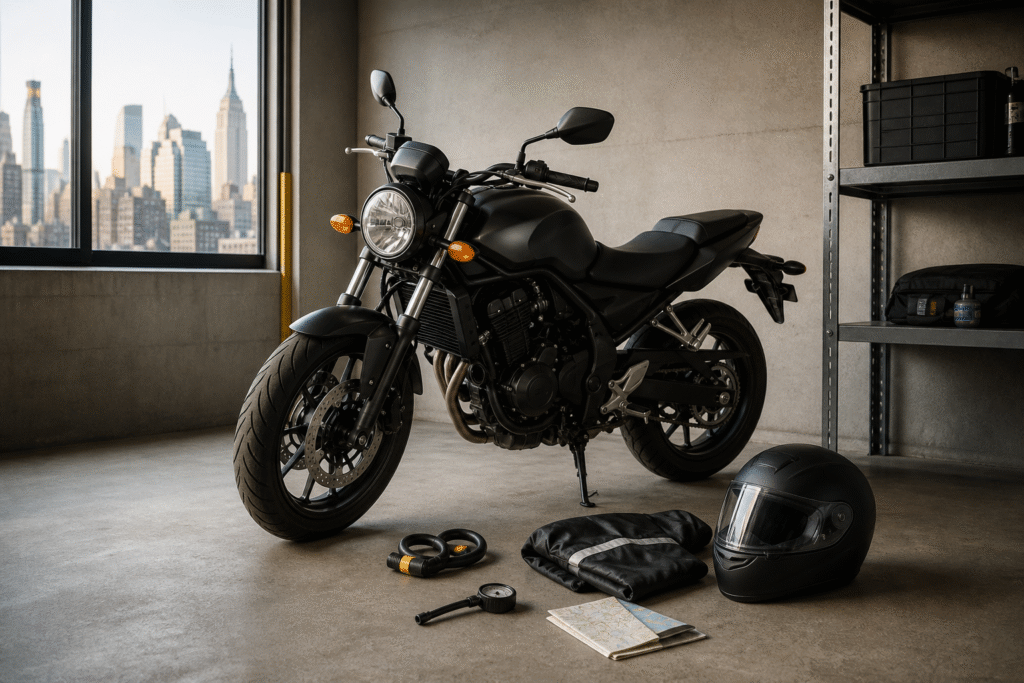 A motorcycle with essential storage and maintenance gear in a New York City garage