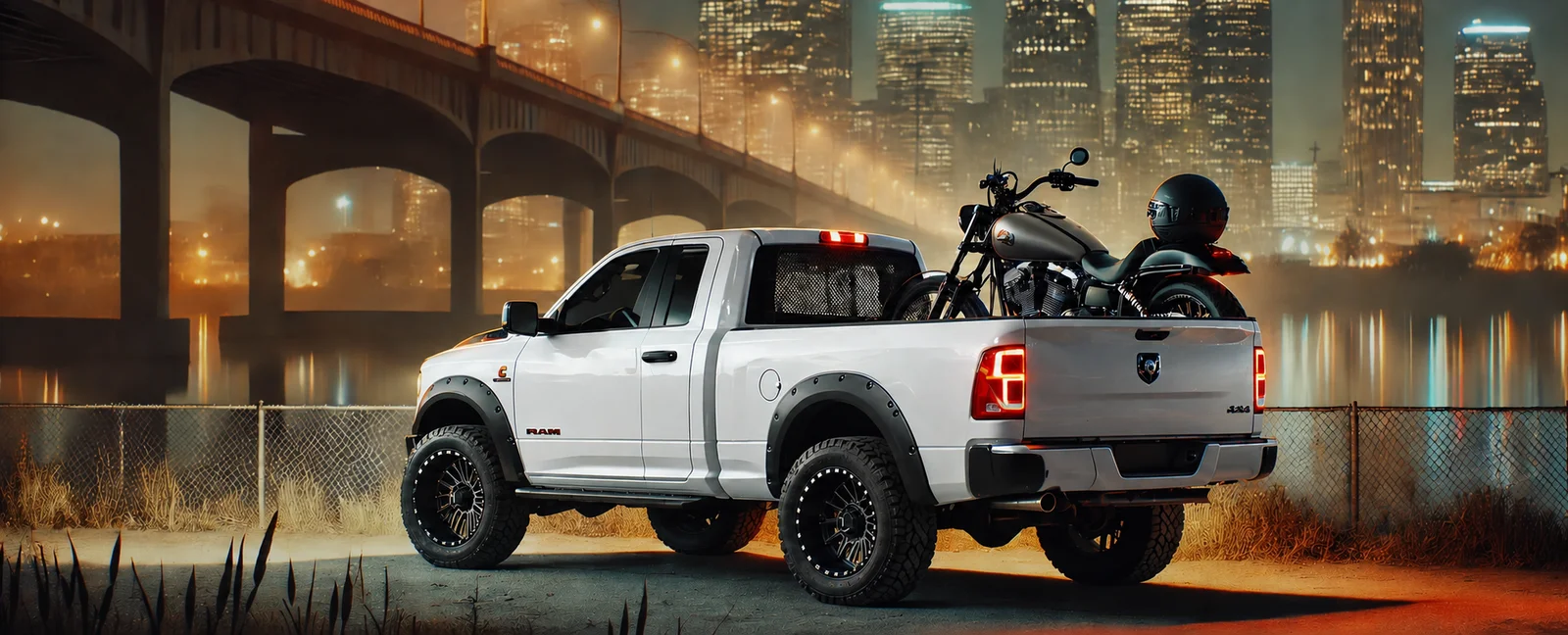 White pickup carrying a motorcycle with a bridge and city skyline at night
