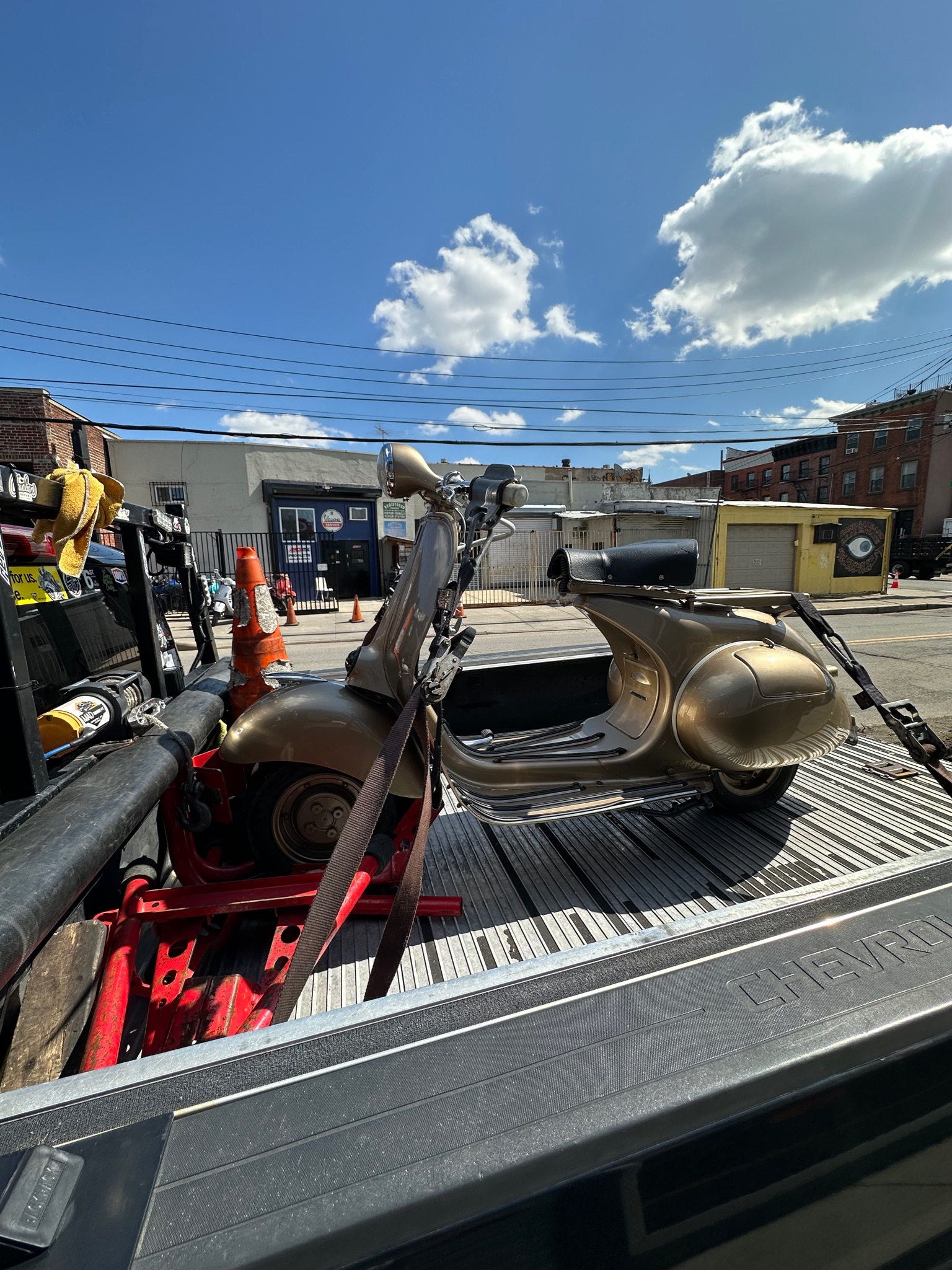 Bronze motorcycle loaded on the MAD Transpo NYC pickup