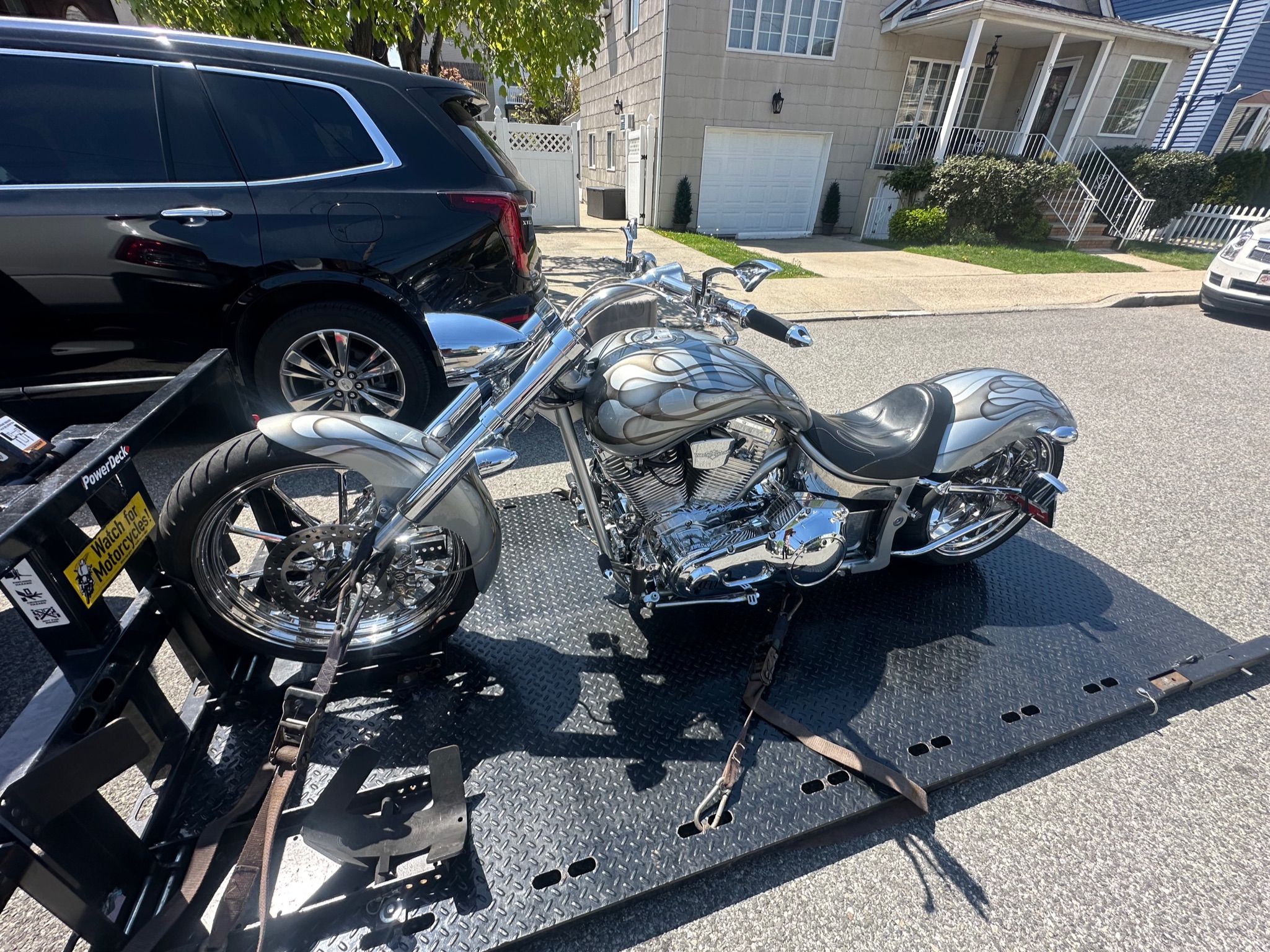 Custom Harley-Davidson trike secured for transport